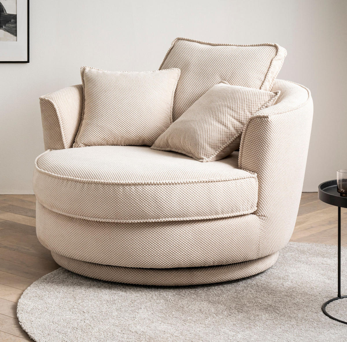 DREHSESSEL wollweiß Web-Velours, XL Sessel 360° drehbar inklusive 3 x Kissen - Creme/Weiß, Kunststoff/Textil (120/86/120cm)