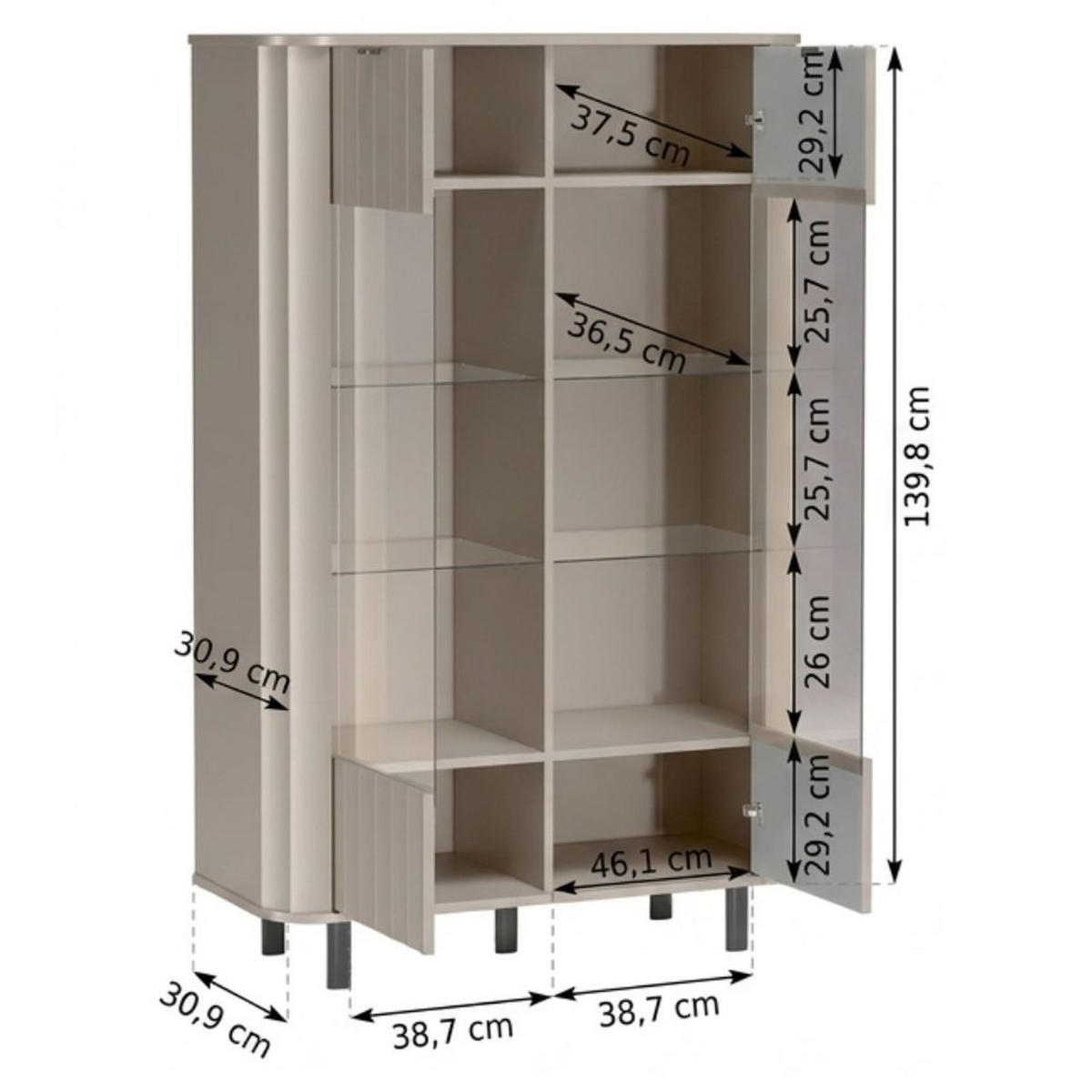 VITRINE Novado NO-9 98,3 x 155 x 40,5 cm Greige - Greige, Glas/Holzwerkstoff (98.3/155/40.5cm) - Koseto