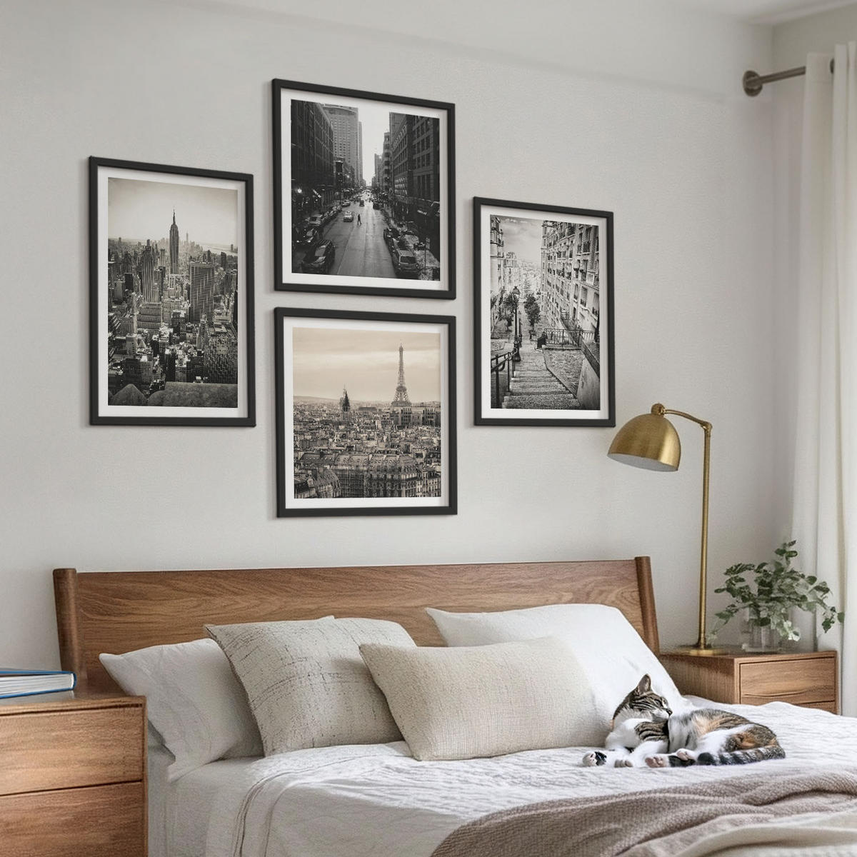 BILDER SET 4er Set - 50x50 cm & 40x60 cm Schwarzer Rahmen - Aussicht Paris New York Treppen - Schwarz, Kunststoff (50/50cm) - TULUP