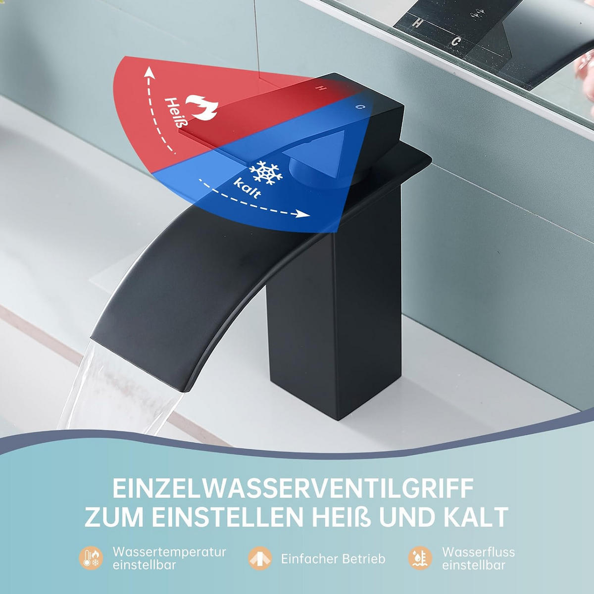 BADEZIMMERARMATUR, 21,5 x 16,5 x 11 cm, mit 60 cm langen Warm- und Kaltwasserleitungen，Schwarzer - Schwarz, Metall (21.5/11/16.5cm) - Vallsero