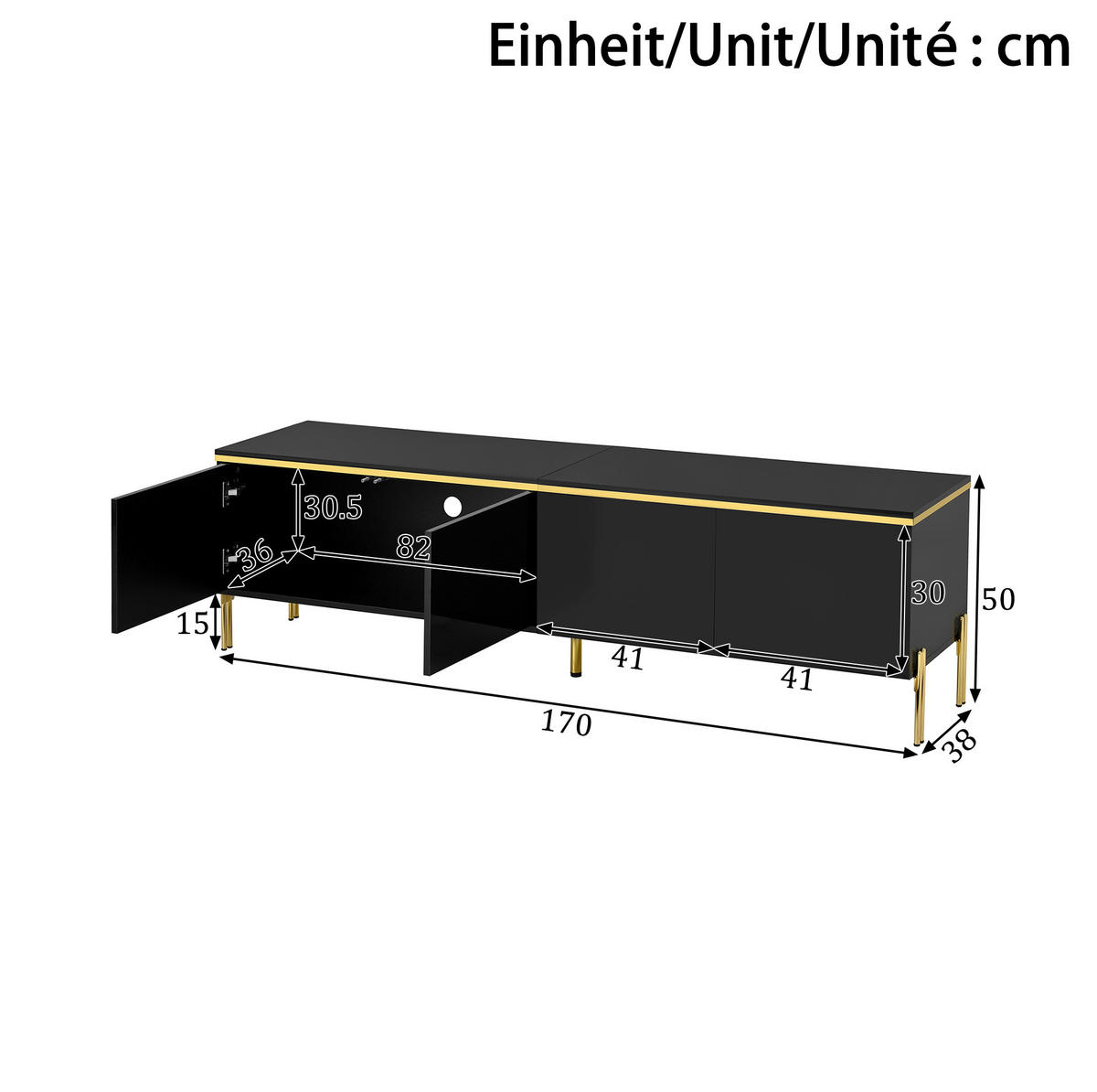 TV ormarić 170/38/50 cm crni od iverala s 4 vrata i otvorima za kabele - crna, drvni materijal (170/50/38cm) - OKWISH