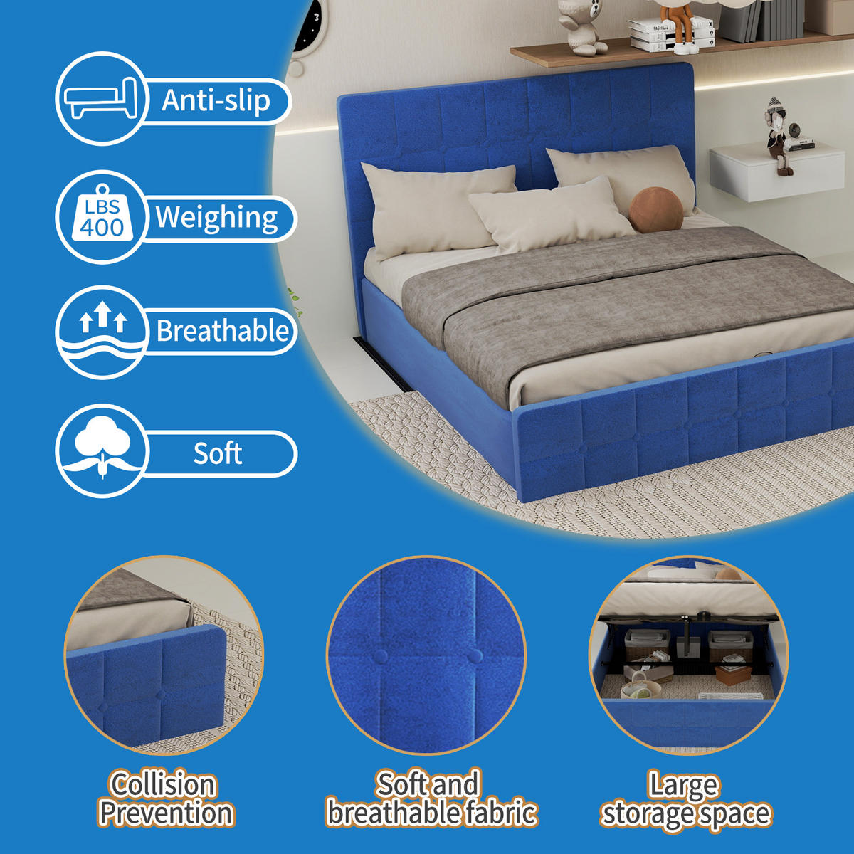 STAURAUMBETT 160/200 cm DE-35403 mit Staufach Blau - Blau, Metall (160/200cm) - ComfortXL