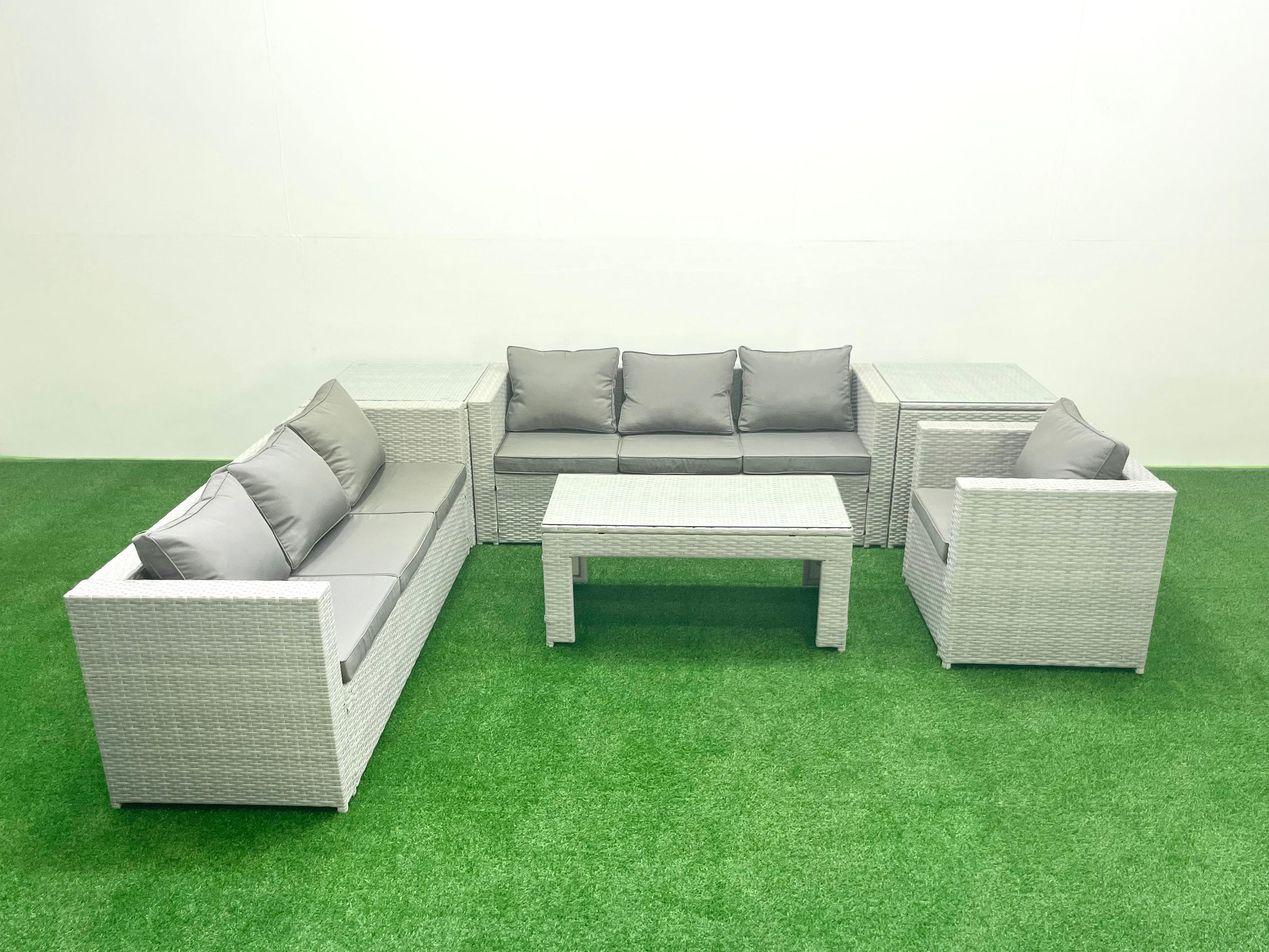 GARTENSOFA hohe Rückenlehne Polyrattan Hellgrau-Mix 7-Sitzer - Hellgrau/Grau, Glas/Kunststoff - Fimous