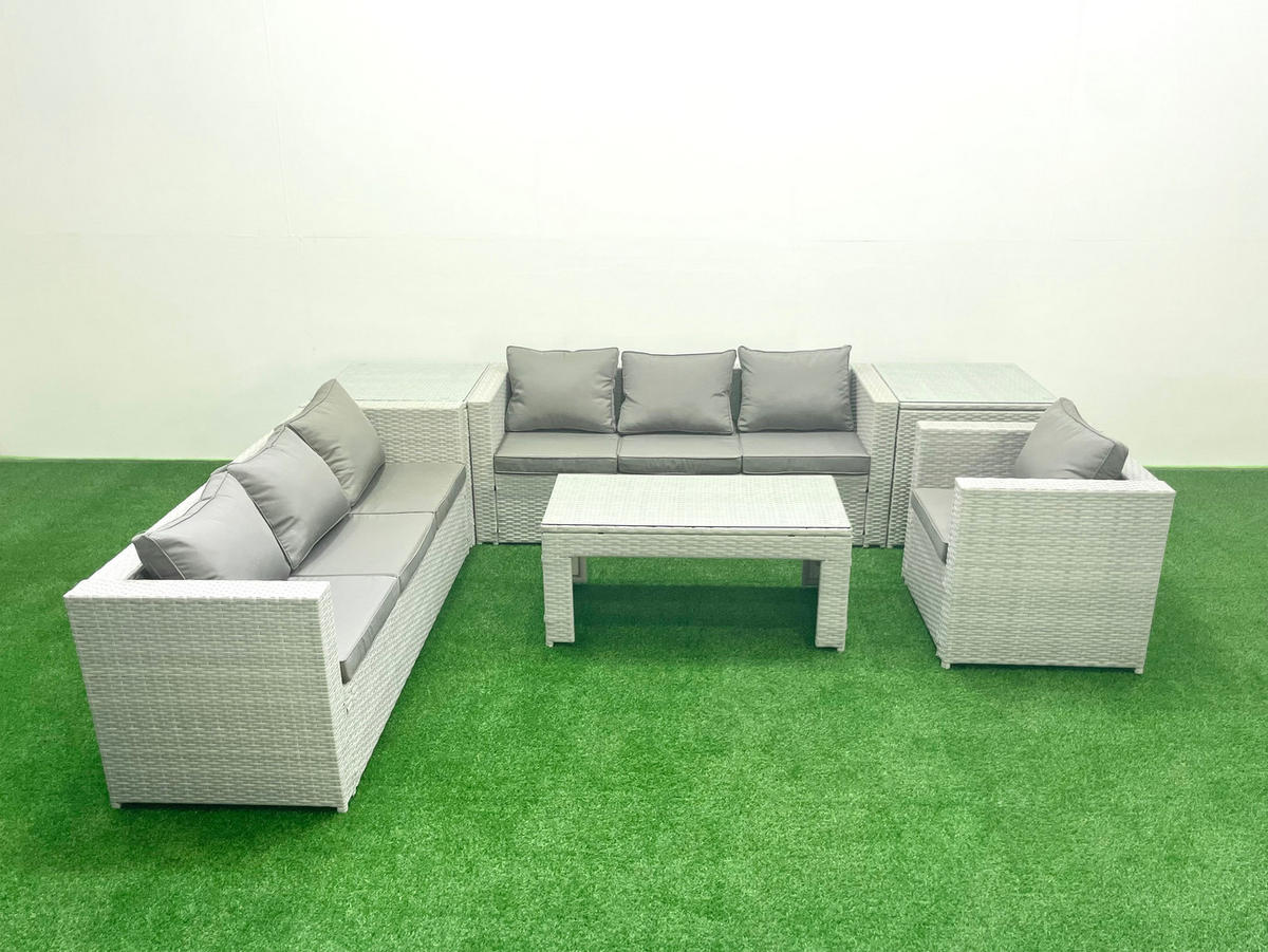 GARTENSOFA hohe Rückenlehne Polyrattan Hellgrau-Mix 7-Sitzer - Hellgrau/Grau, Glas/Kunststoff - Fimous