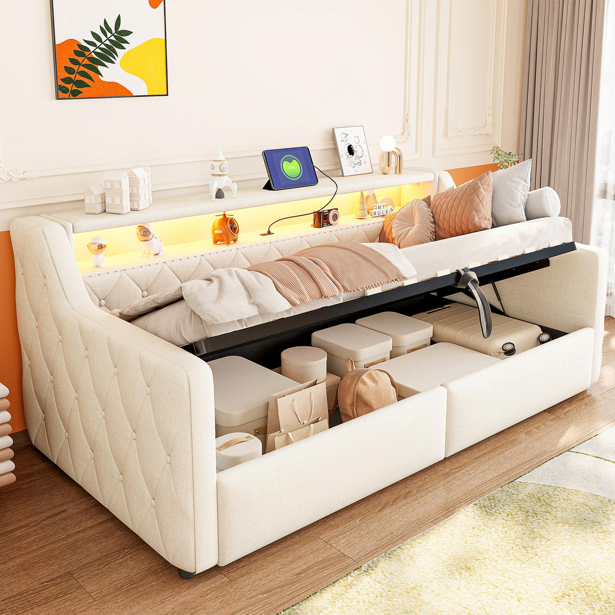 TAGESBETT 90/200 cm mit LED und Hydraulik-Stauraum, DE-42017, in Beige - Beige, Holzwerkstoff (90/200cm) - ComfortXL