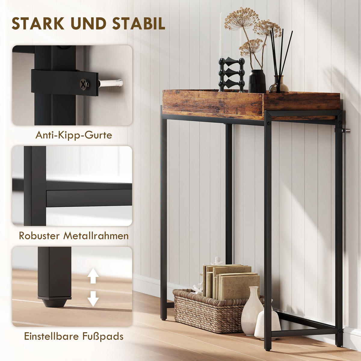 KONSOLENTISCH mit Geländer, Braun - Schwarz/Braun, Metall (100/30/91cm) - HOMCOM