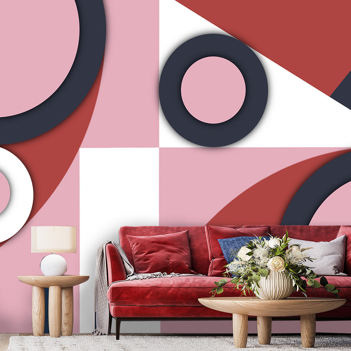 FOTOTAPETE, Geometrische Abstrakt Rot Rosa Schwarz 254x184 - Rot, Textil (254/1cm) - Feeby