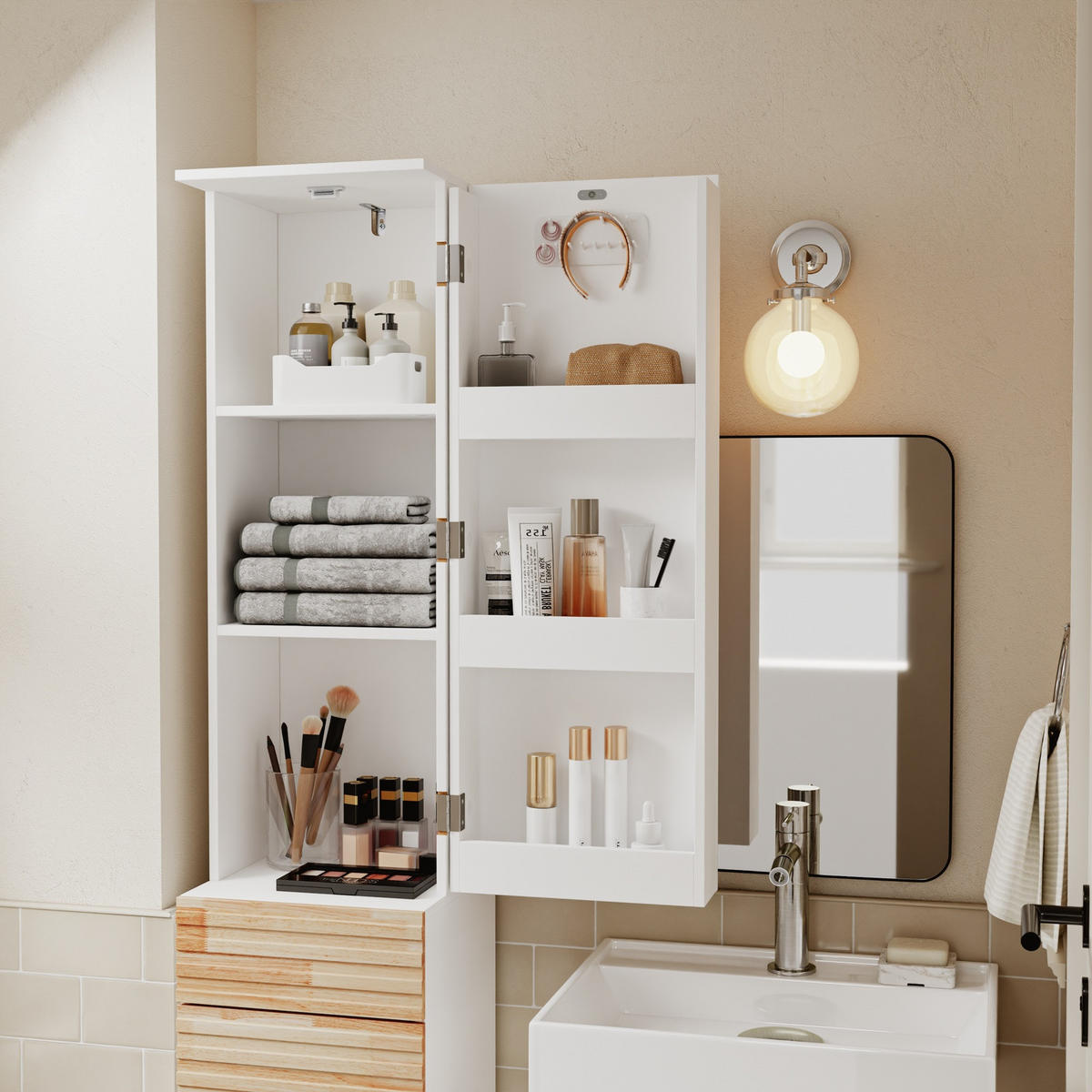 BADEZIMMERSCHRANK mit Schubladen und Tür BZR244-WN - Ahornfarben/Weiß, Kunststoff/Fell (30/180/30cm) - SoBuy