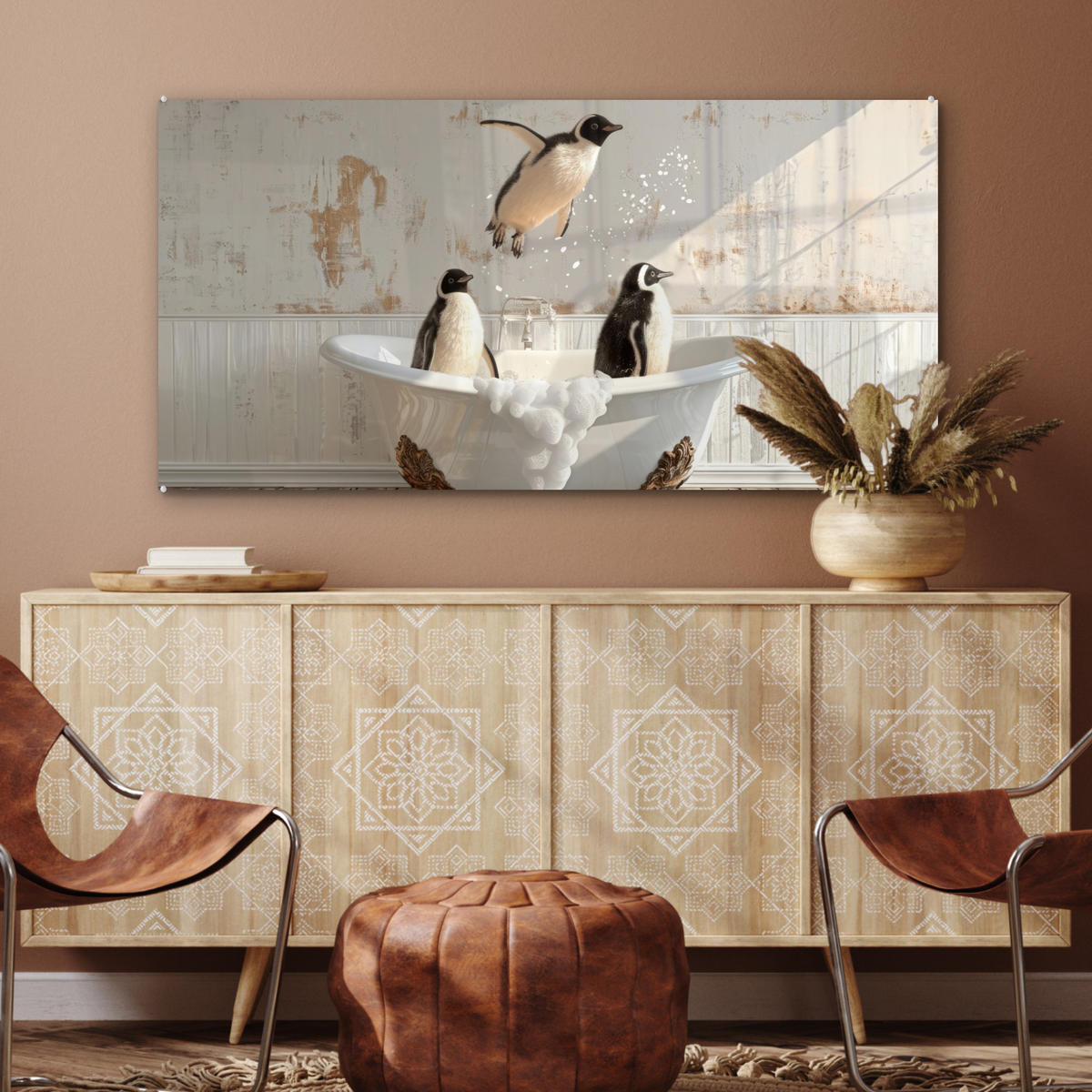 ACRYLGLASBILD Vintage - Pinguin - Badewanne - Schaumstoff 120x60 cm - Schwarz, Glas (120/60cm) - MuchoWow