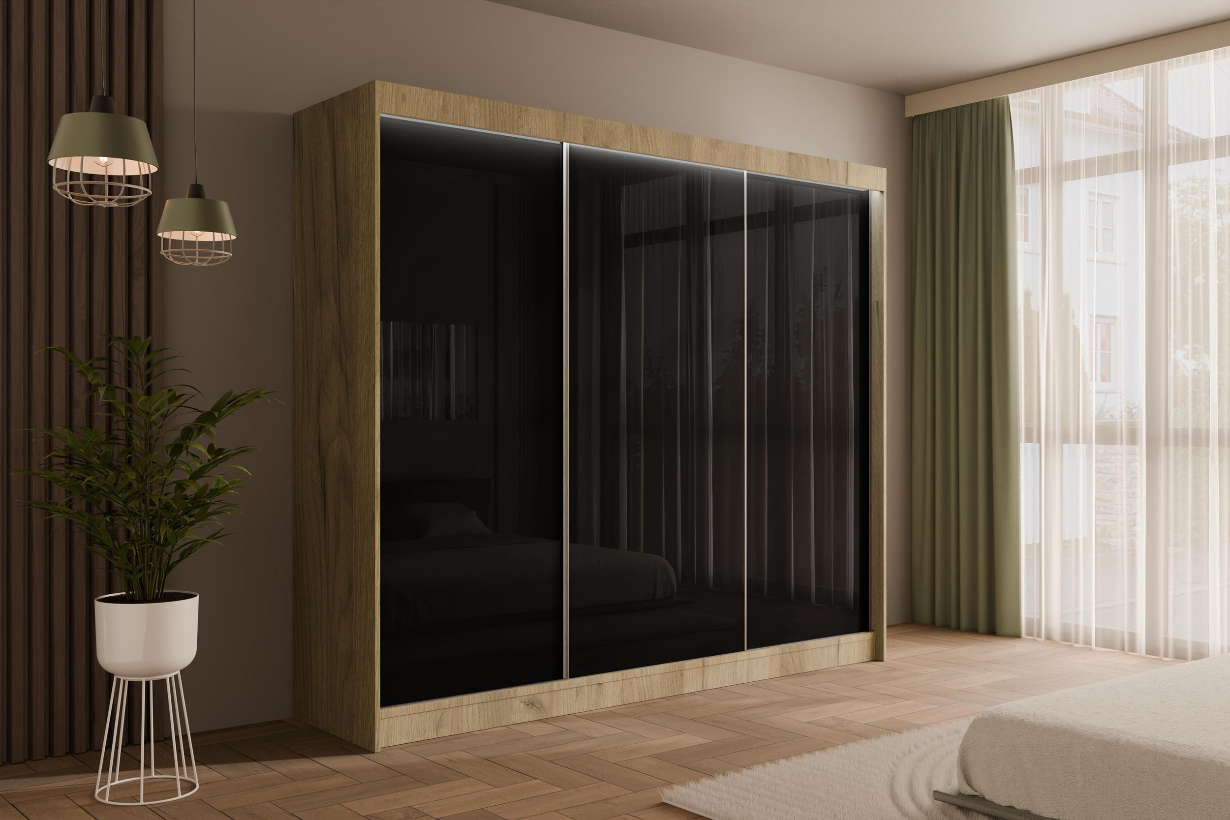 KLEIDERSCHRANK PEKA mit LED - 250 cm - Eichefarben|Schwarz - Eichefarben/Schwarz, Holzwerkstoff (250/215/61cm) - ALTDECOR