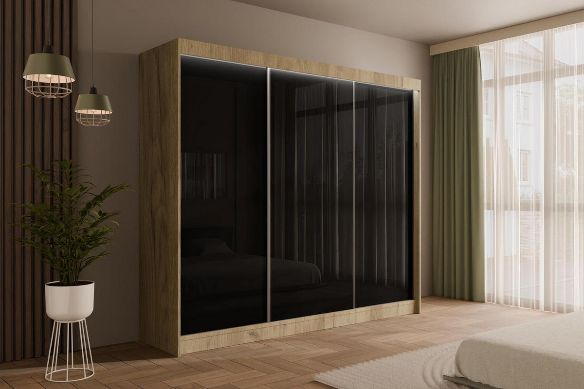 KLEIDERSCHRANK PEKA mit LED - 250 cm - Eichefarben|Schwarz - Eichefarben/Schwarz, Holzwerkstoff (250/215/61cm) - ALTDECOR