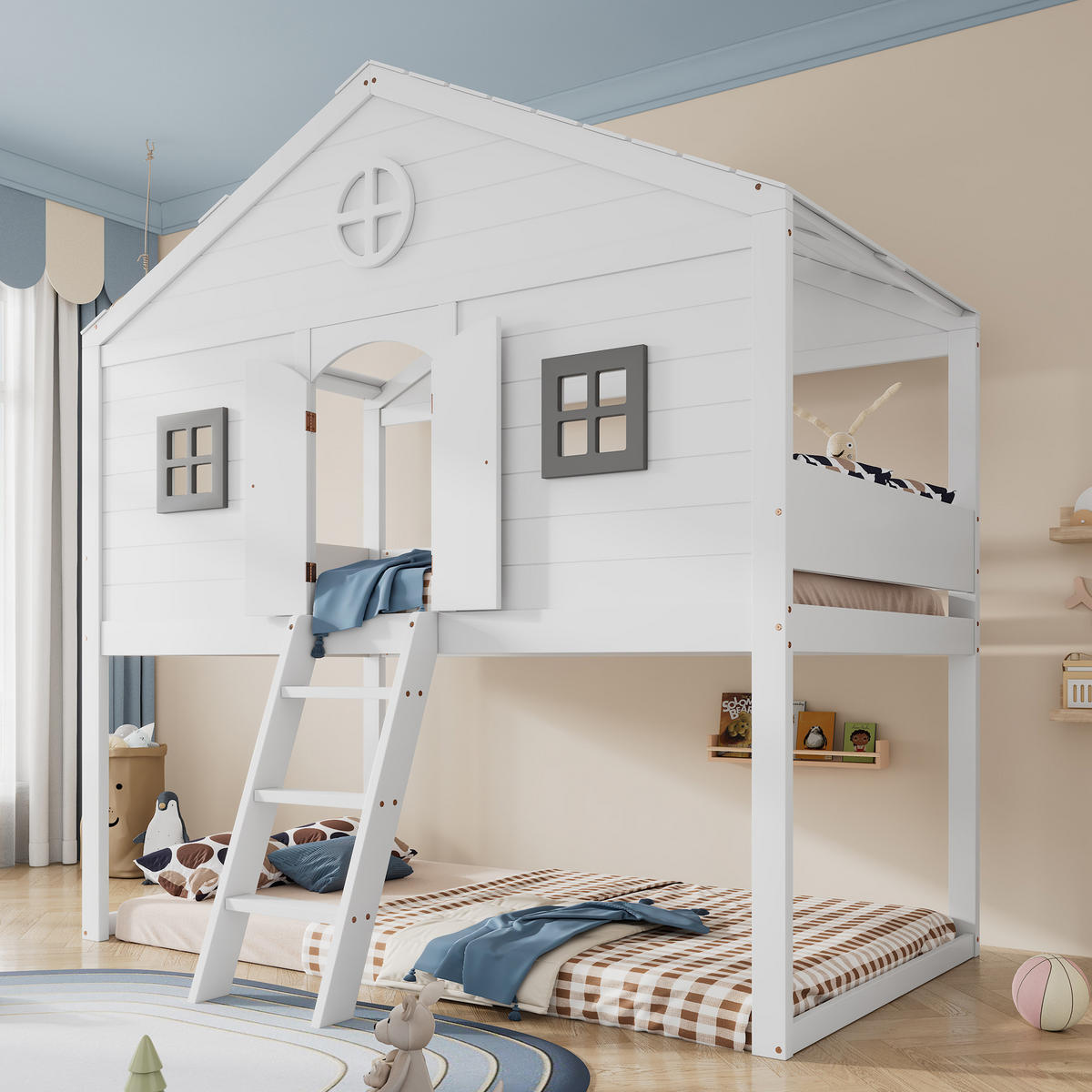 HOCHBETT 90/200 cm weiß und grau aus Kiefer mit Treppe und Rundum-Fallschutz - Weiß, Holz (90/200cm) - OKWISH