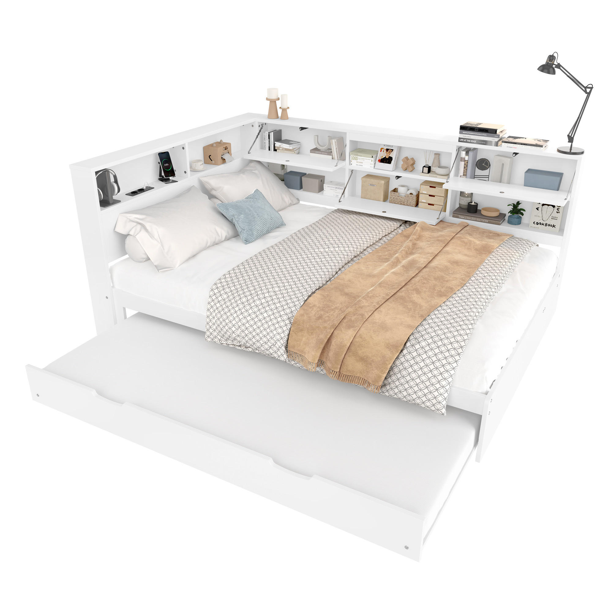 Modfu DĚTSKÁ postel z borovice 140x200 cm bílá s výsuvným lůžkem, úložným čelem a USB/USB-C