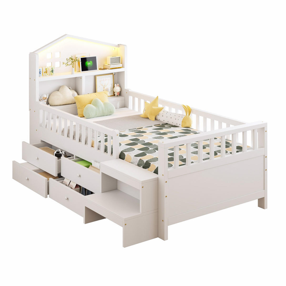 KINDERBETT 90x200 cm LED USB Schubladen weiß - Weiß, Holz (90/200cm) - LEBENLANG
