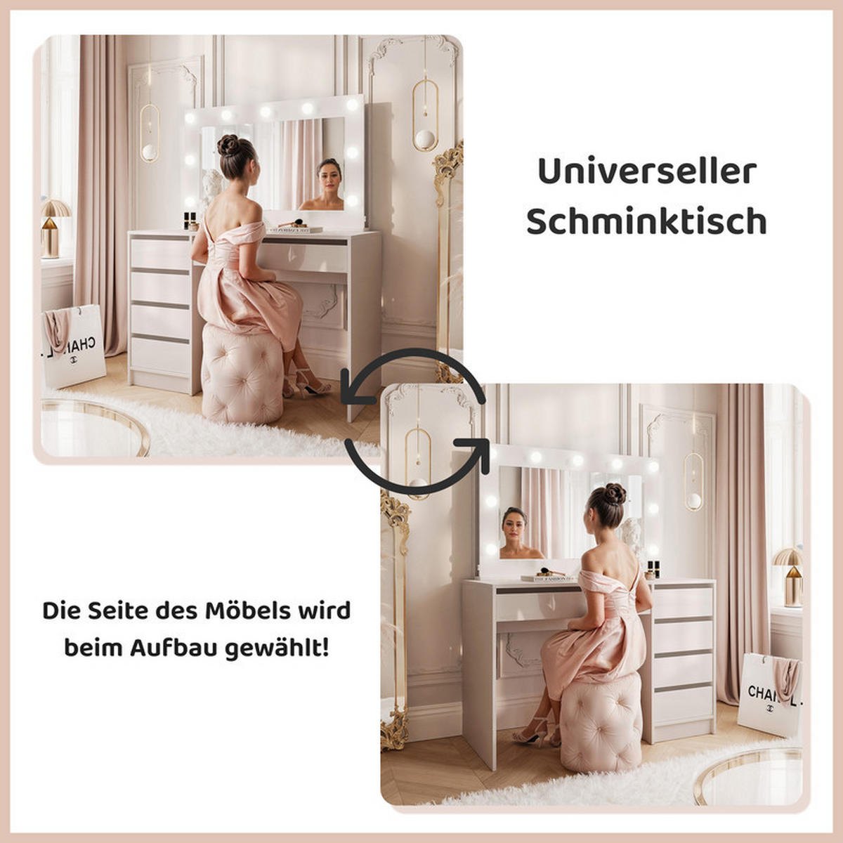 SCHMINKTISCH BELLA II mit LED-Beleuchtung und Spiegel, 110 cm Kaschmir - Kaschmir, Holzwerkstoff (110/77/55cm) - Idohome