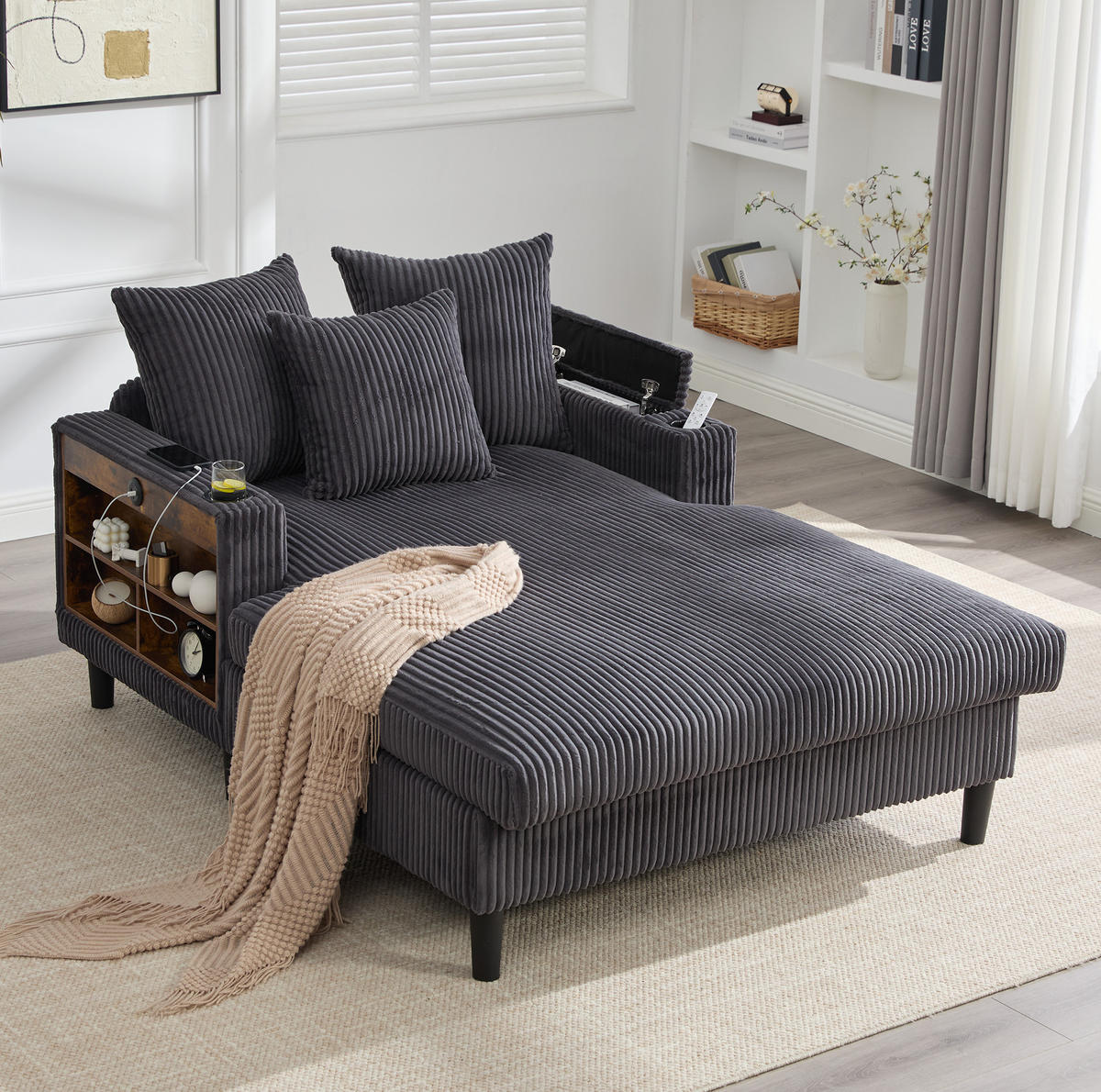 CHAISELONGUE mit Stauraum 129 x 170 cm Corduroy Dark Gray - Dunkelgrau, Holz (170/70/129cm) - Meubliv