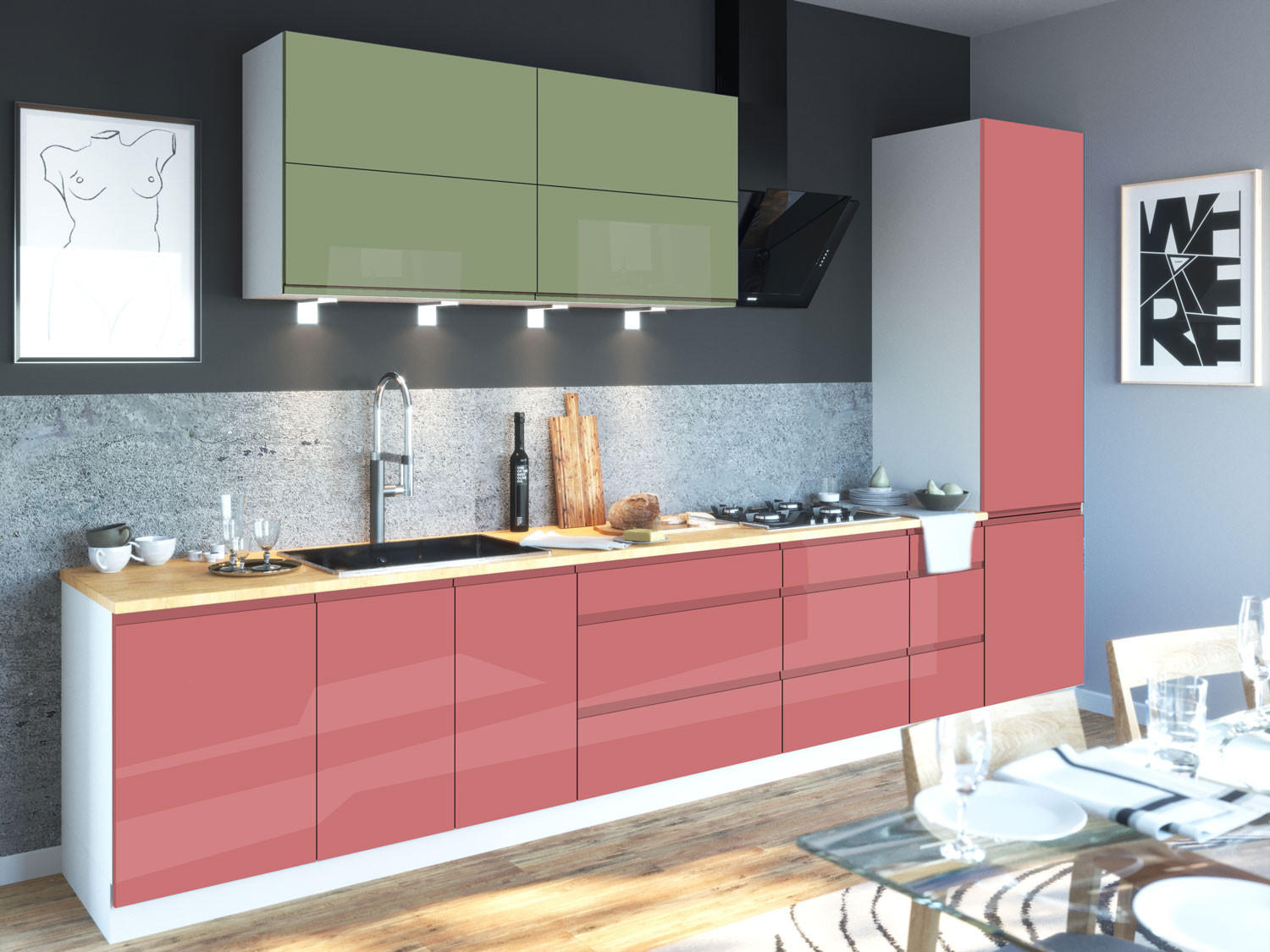 Feldmann-Wohnen Küchenzeile Grün, Altrosa 392x207x59 cm