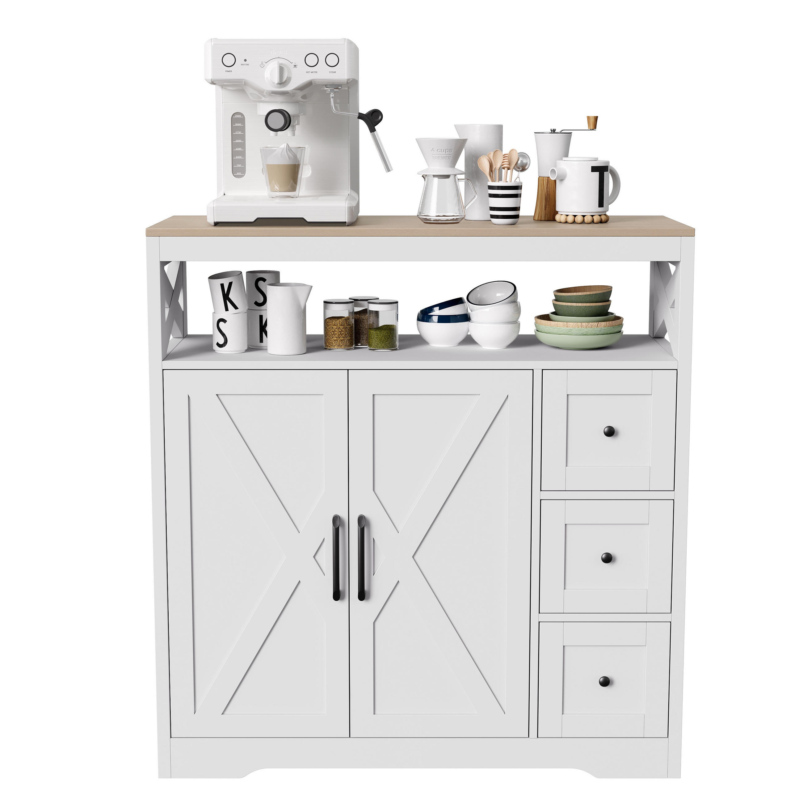 SIDEBOARD 100 cm, Skandinavischer Stil mit Kreuzdekoration, 3 Schubladen, 2 Türen und offenen Regalen, Weiß - Weiß, Holzwerkstoff (100/40/105cm) - Waldena