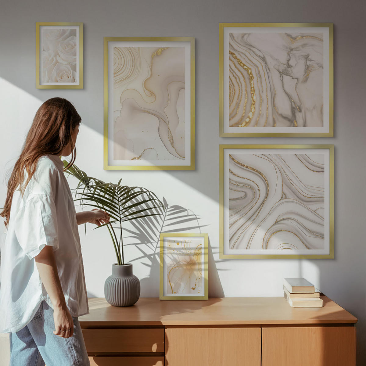 BILDER SET 5er Set - 50x50 cm & 20x30 cm & 40x60 cm Goldrahmen - Landschaften Natur Felder Sonne - Goldfarben, Kunststoff (40/60cm) - TULUP