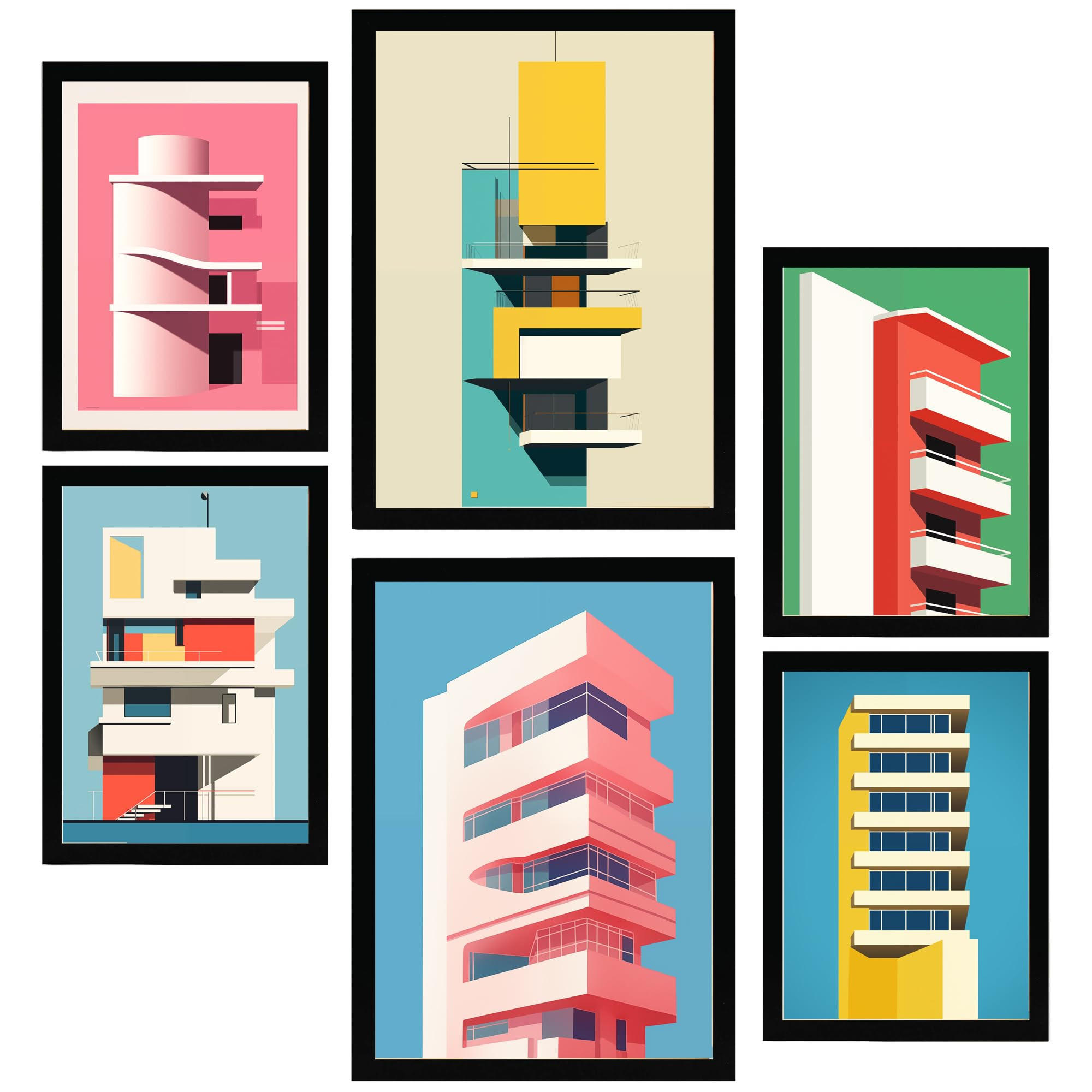 POSTER Set Mit 6 Bauhaus Rosa A3 & A4 Schwarzer Rahmen - Schwarz, Papier (29/3cm) - Nacnic