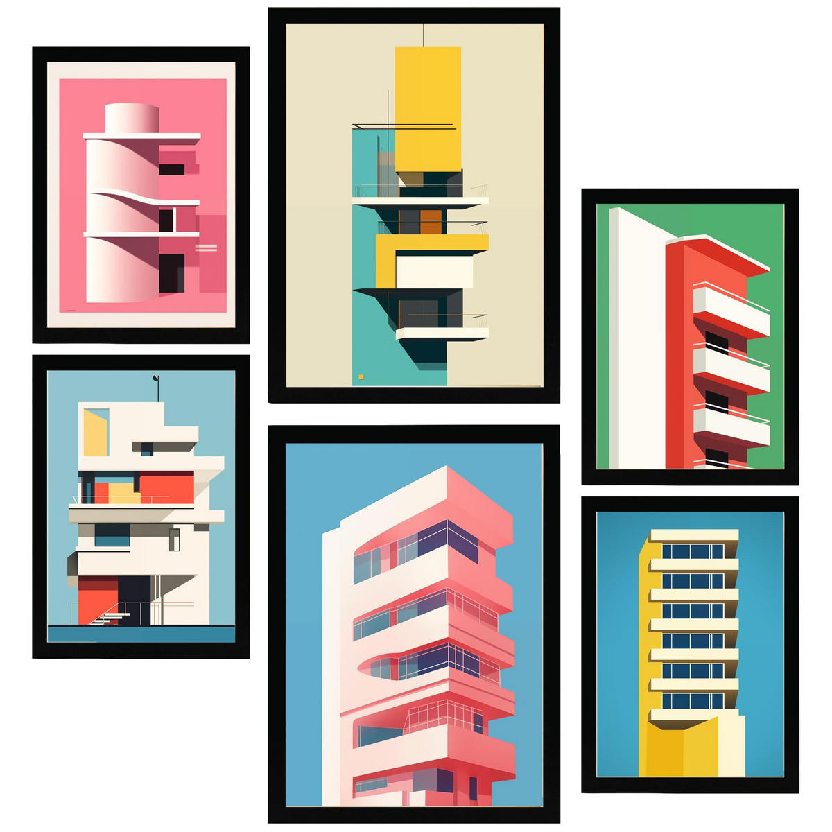 POSTER Set Mit 6 Bauhaus Rosa A3 & A4 Schwarzer Rahmen - Schwarz, Papier (29/3cm) - Nacnic
