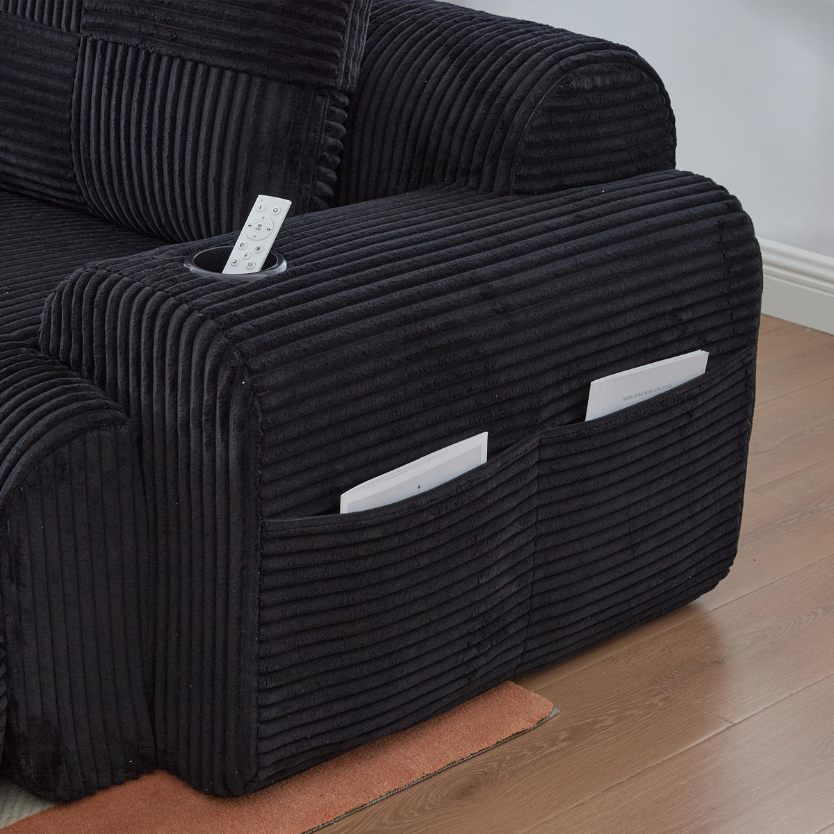 2-SITZER Sofa aus Cord 200x99x80 cm mit Cupholder & Seitentasche, schwarz - Schwarz, Textil (99/80/200cm)