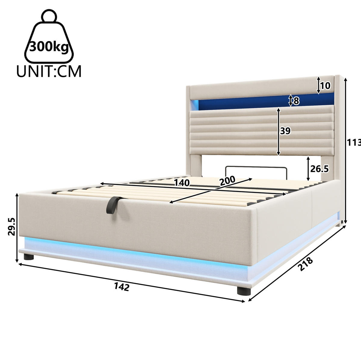 POLSTERBETT mit Stauraum 140x200 cm Leinen Beige mit LED und USB - Beige, Metall (140/200cm) - Meubliv