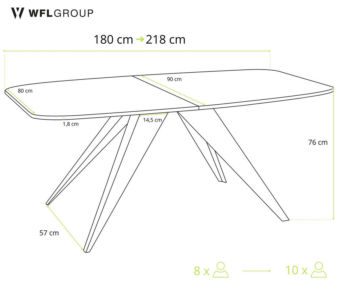 ESSTISCH Foster rechteckig ausziehbar, Weiß 180-218/90/76 cm - Schwarz/Weiß, Holzwerkstoff/Metall (180/90/76cm) - WFL GROUP
