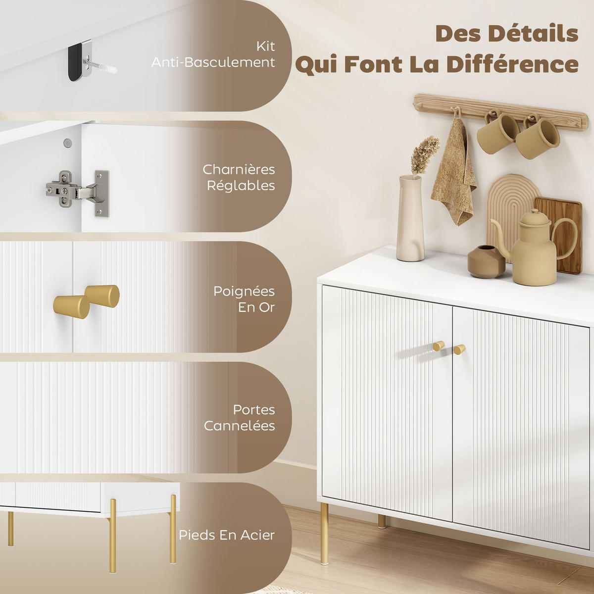 SIDEBOARD DE-11242 1 gerillte Doppeltür Weiß - Weiß, Holzwerkstoff (80/76/39.1cm) - ComfortXL