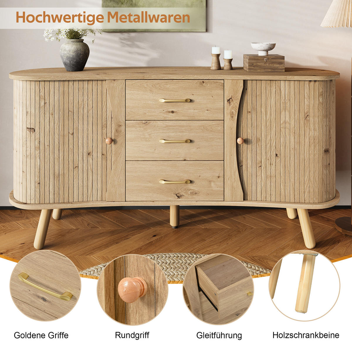 KOMODA, videz lesa, v obliki graha, z 2 drsnimi vrati in 3 predali - naravne barve, leseni material (150/75/36.5cm) - Urban Meuble