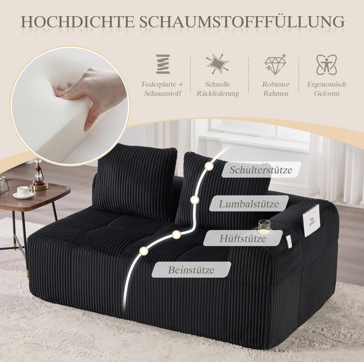 SOFA kompakt 158 x 93 x 61 cm Cord Black - Schwarz, Kunststoff (158.1/61/93cm) - Meubliv