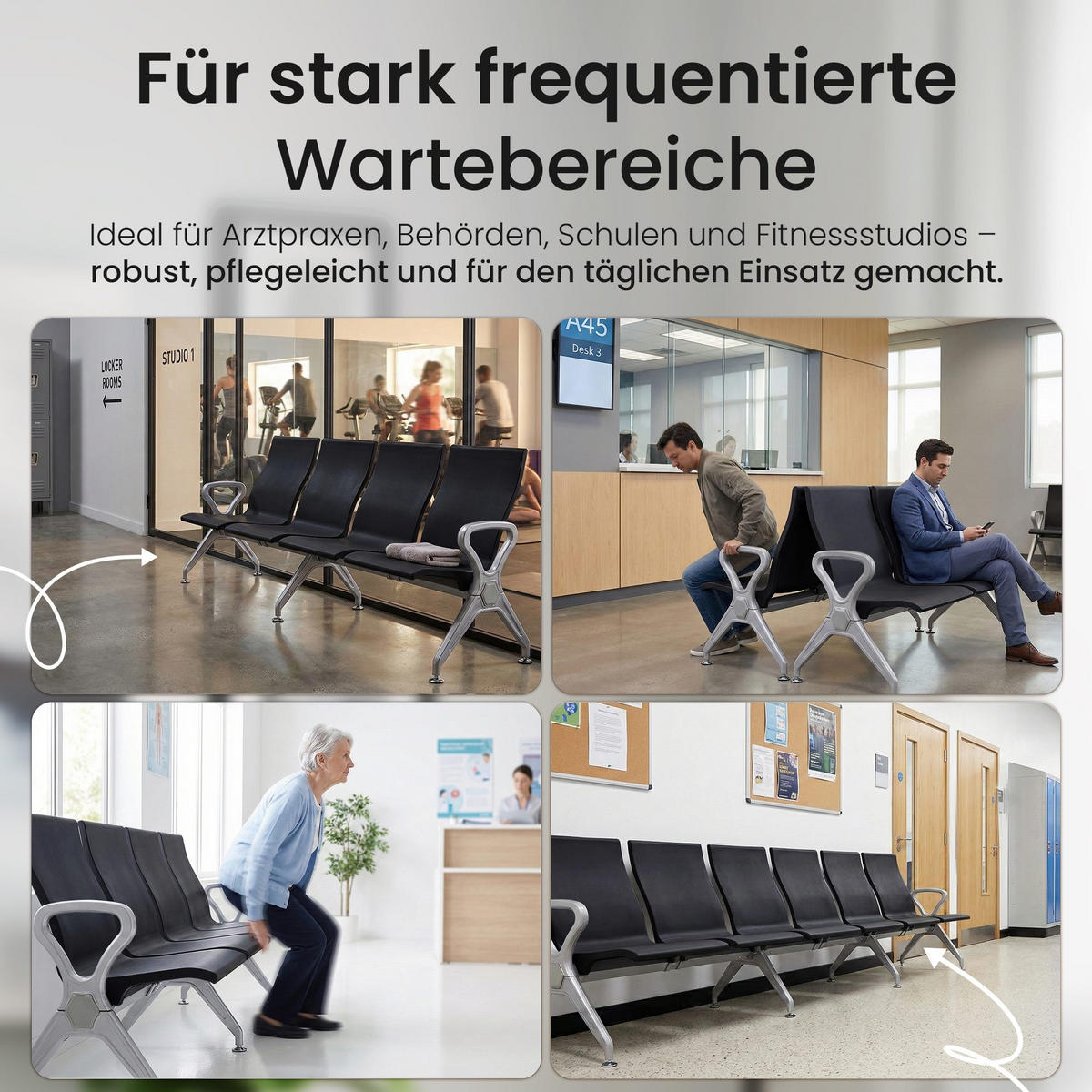 WARTEBANK Kunststoff Schwarz - Schwarz/Grau, Kunststoff/Metall (118/89/59cm) - CLP