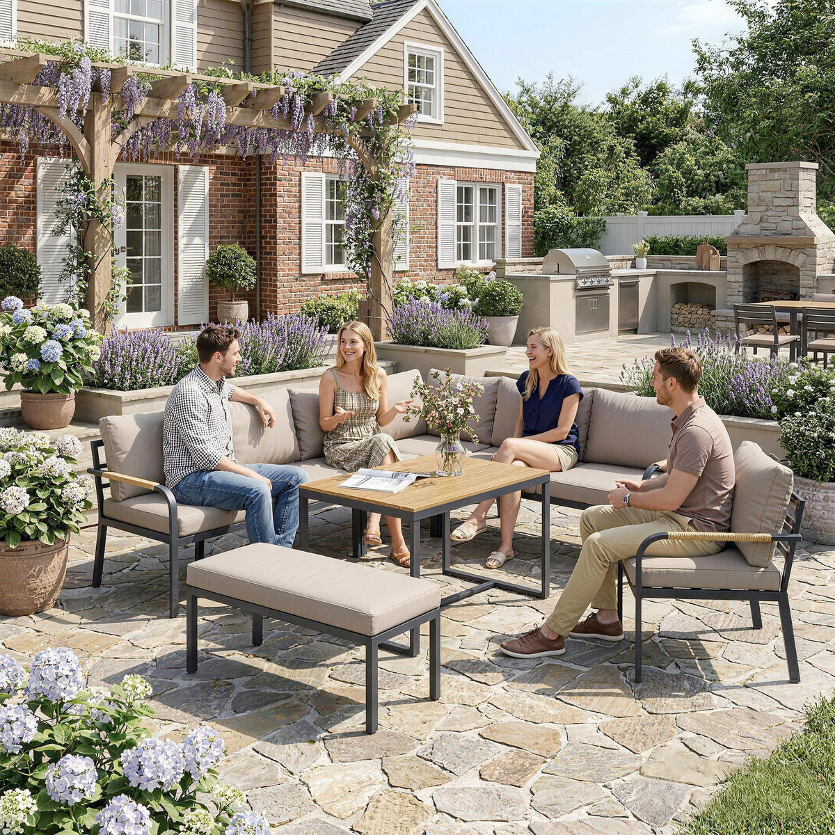 GARTENLOUNGE-SET 7tlg DE-13711 modular mit WPC-Tisch Beige & Grau - Mokka, Metall - ComfortXL