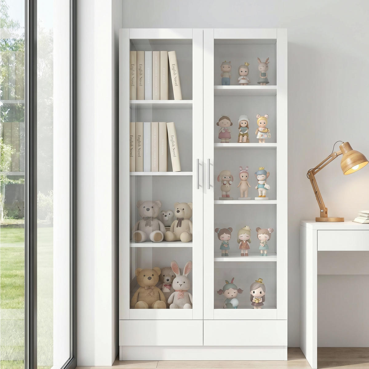 VITRINE in Weiß mit Schubladen und Glastüren für Wohnzimmer und Büro, B80/T40/H160 cm - Weiß, Glas/Holzwerkstoff (80/160/40cm) - STILVORA