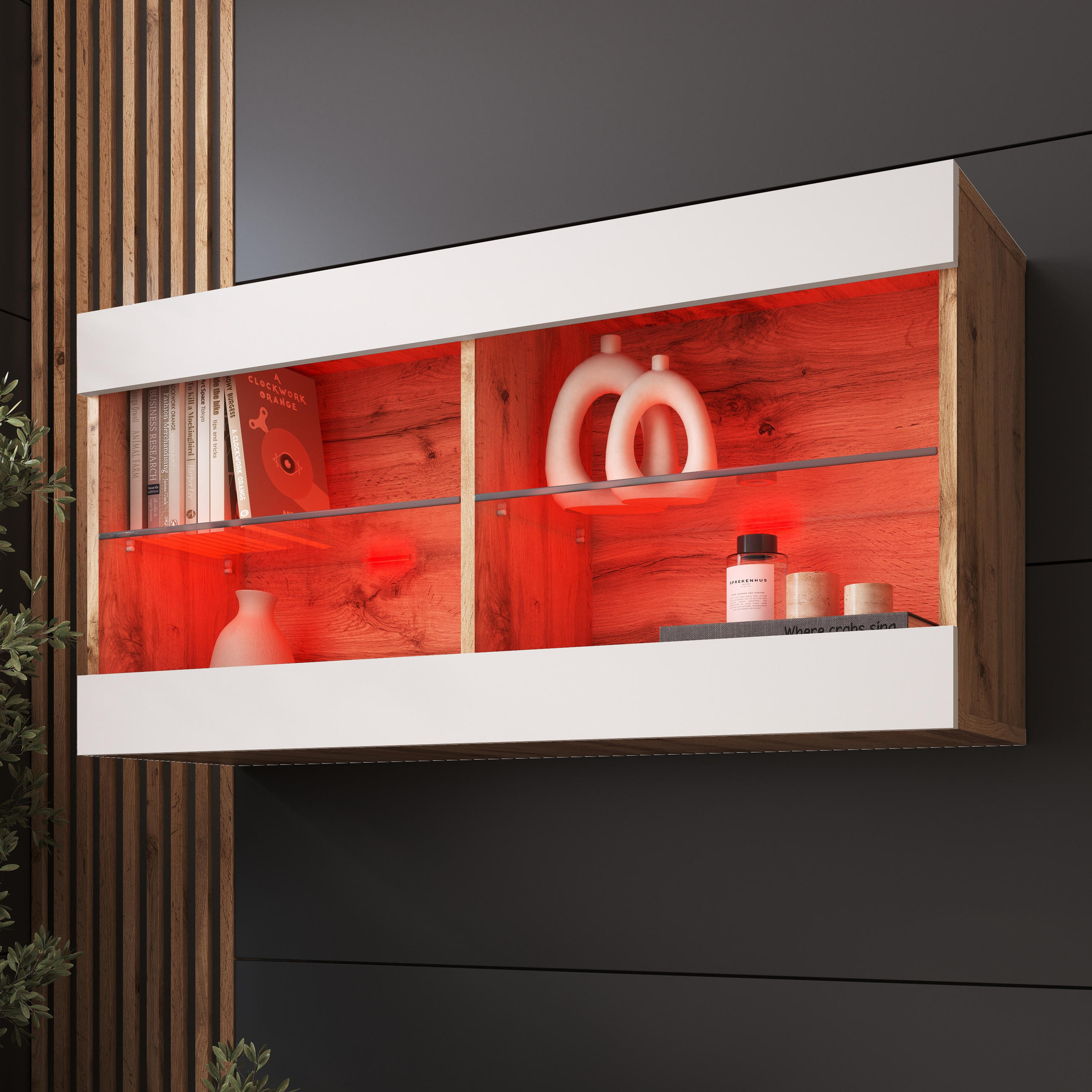 HÄNGEVITRINE TIVOLI HORIZONTAL 100, Weiss, LED Mehrfarbige - Eiche Wotan/Weiß, Glas/Holzwerkstoff (100/50/29.5cm) - Komodee