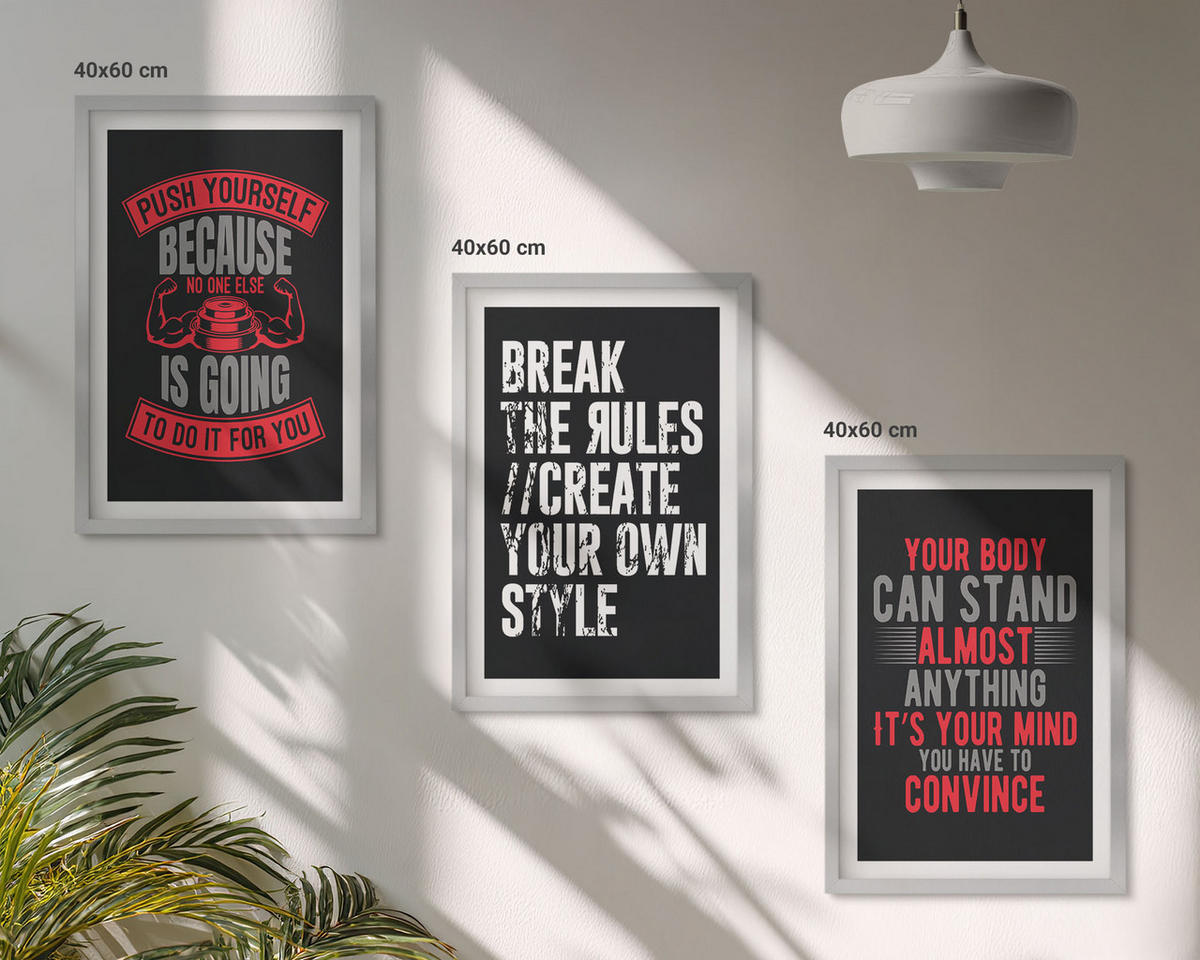 BILDER SET 3er Set - 40x60 cm Silberner Rahmen - Motivation, Training, Selbstentwicklung - Silberfarben, Kunststoff (40/60cm) - TULUP