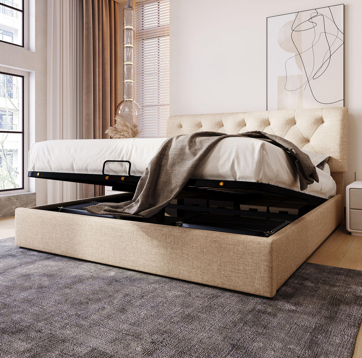 POLSTERBETT 160/200 cm Natürlich aus Leinen mit Stauraum - Naturfarben, Textil (160/200cm) - OKMYHOME