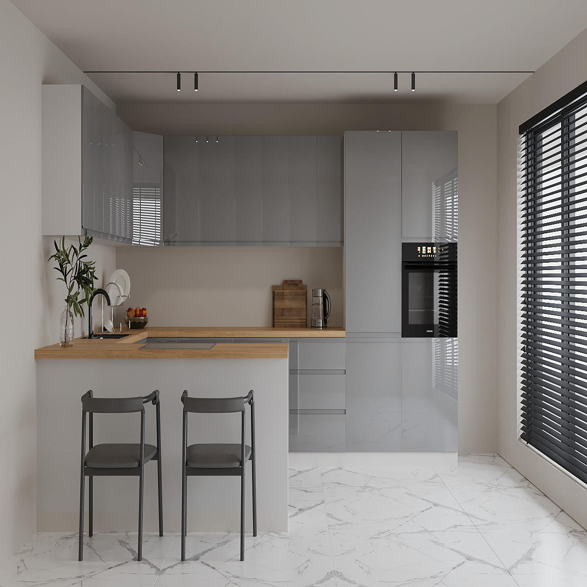 ECKKÜCHE 390 × 260 cm - Aspen K107-M860 - in Grau/Hochglanz - Grau, Holz (390/260/210cm)