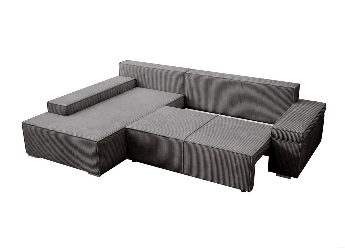 ECKSOFA Milo mit Schlaffunktion und Bettkasten, Couch L-Form, Cord-Stoff, 273x85x185 cm, Dunkelgrau - Dunkelgrau, Holz (185/273cm) - PROMETO Möbel