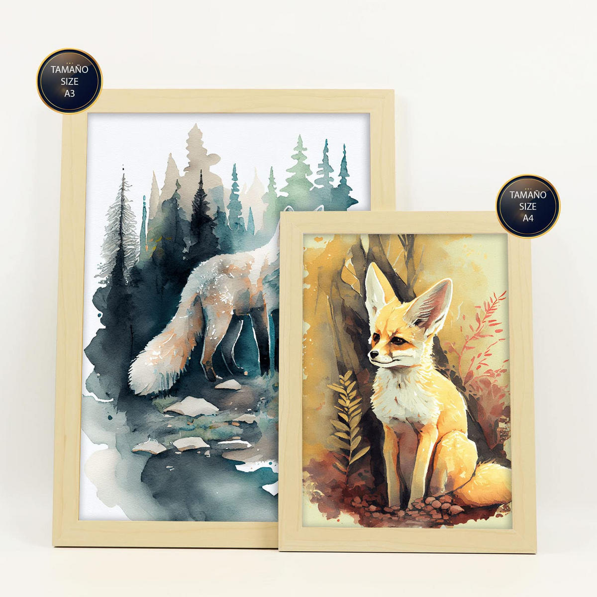 POSTER Set Mit 6 Wald und Savanne Größe A3 & A4 Rahmen aus hellem Holz - Beige, Papier (29.7/1cm) - Nacnic