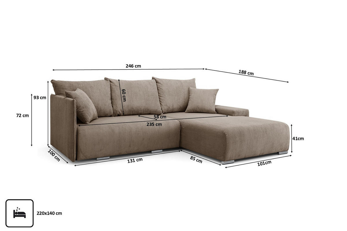 ECKSOFA L-Form Schlaffunktion Livorno Cord-Stoff Hellbraun Rechts - Chromfarben/Hellbraun, Holz/Kunststoff (246/188cm) - Kaiser Möbel