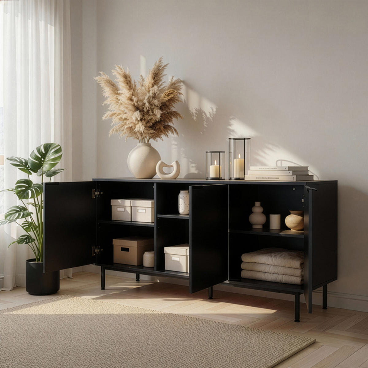 SIDEBOARD NYLA - Schwarz, 154 x 73 cm - Schwarz, Holzwerkstoff (154/73/42cm) - Home Deluxe
