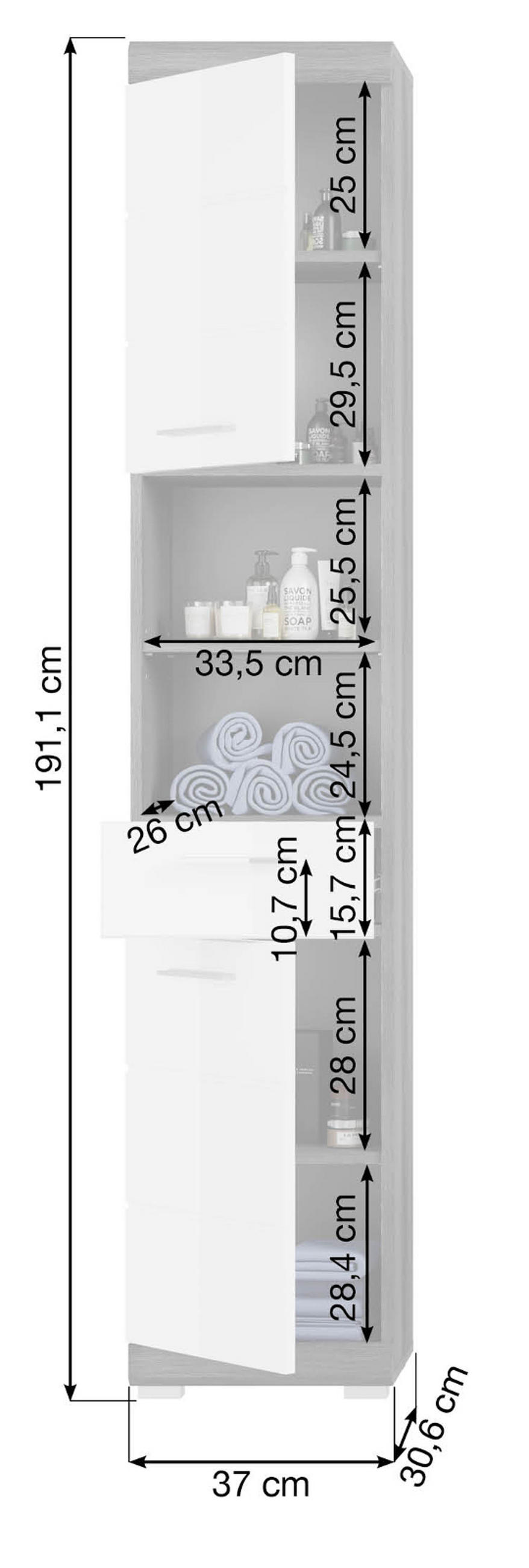 HOCHSCHRANK weiß Hochglanz, grau 190 cm, Badschrank Türanschlag wechselbar - Weiß Hochglanz/Silberfarben, Holzwerkstoff/Kunststoff (37/191/31cm) - Inn.Furn