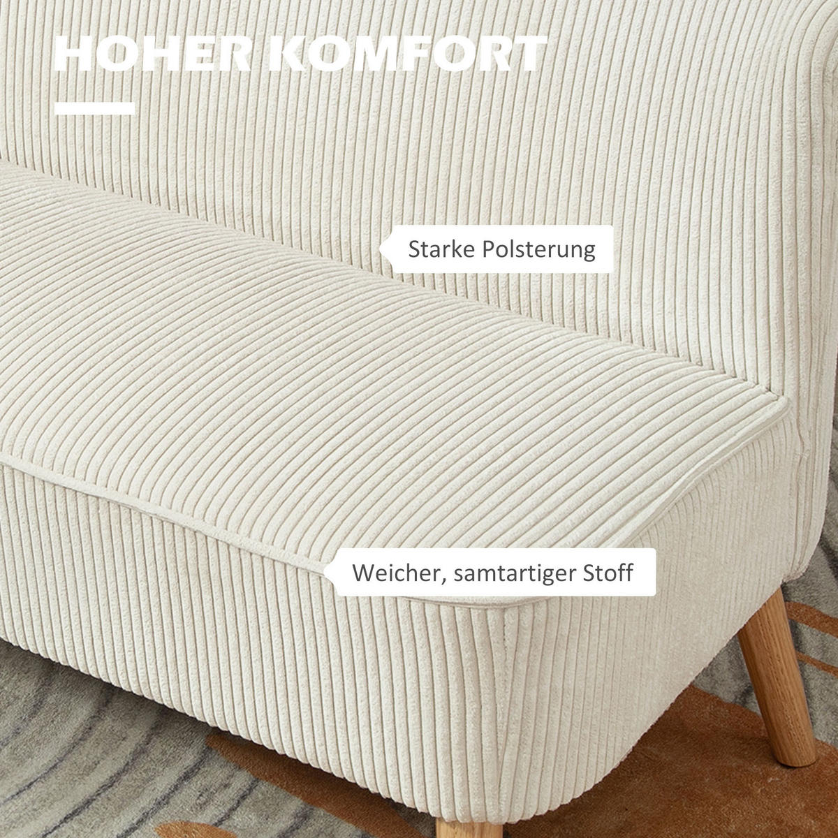SOFA 2 Sitzer modern Couch ohne Armlehne Polstersofa mit Cord-Optik Cremeweiß - Beige, Textil (56.5/77/117cm) - HOMCOM