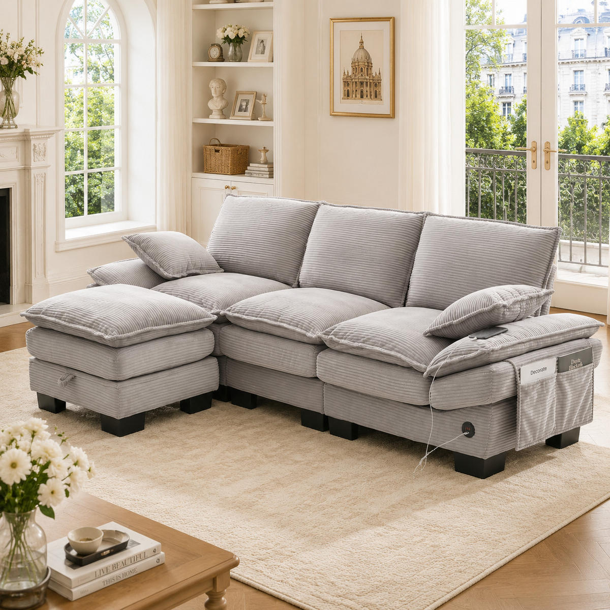 ECKSOFA DE-33750 modular mit Stauraumhocker Hellgrau - Hellgrau, Metall (260/132cm) - ComfortXL