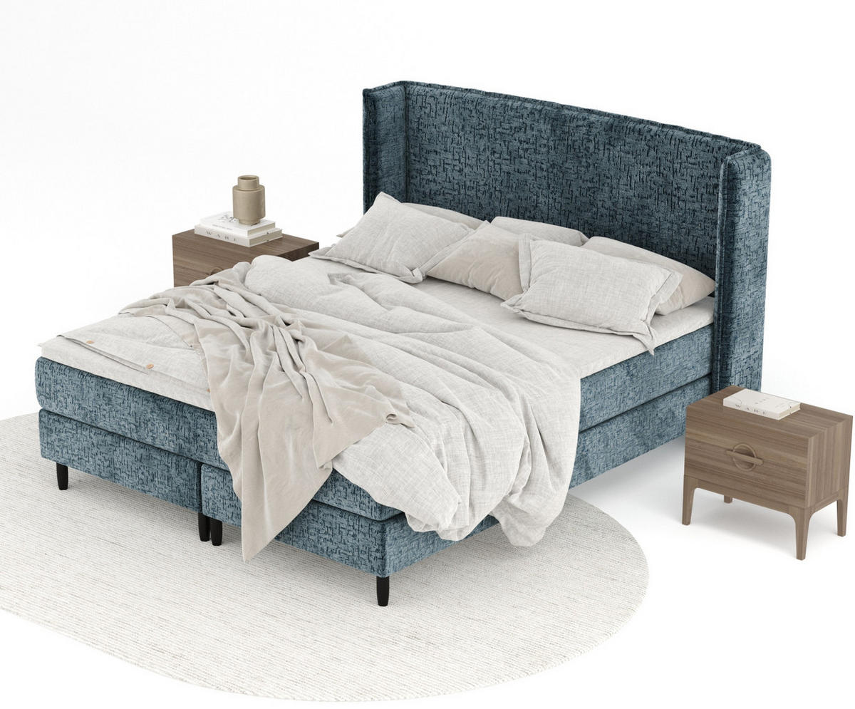 KONTINENTALBETT Ardis Blau Grau 140/200 cm mit Matratze und Topper - Blaugrau/Schwarz, Holz/Holzwerkstoff (140/200cm) - Maison de Reve
