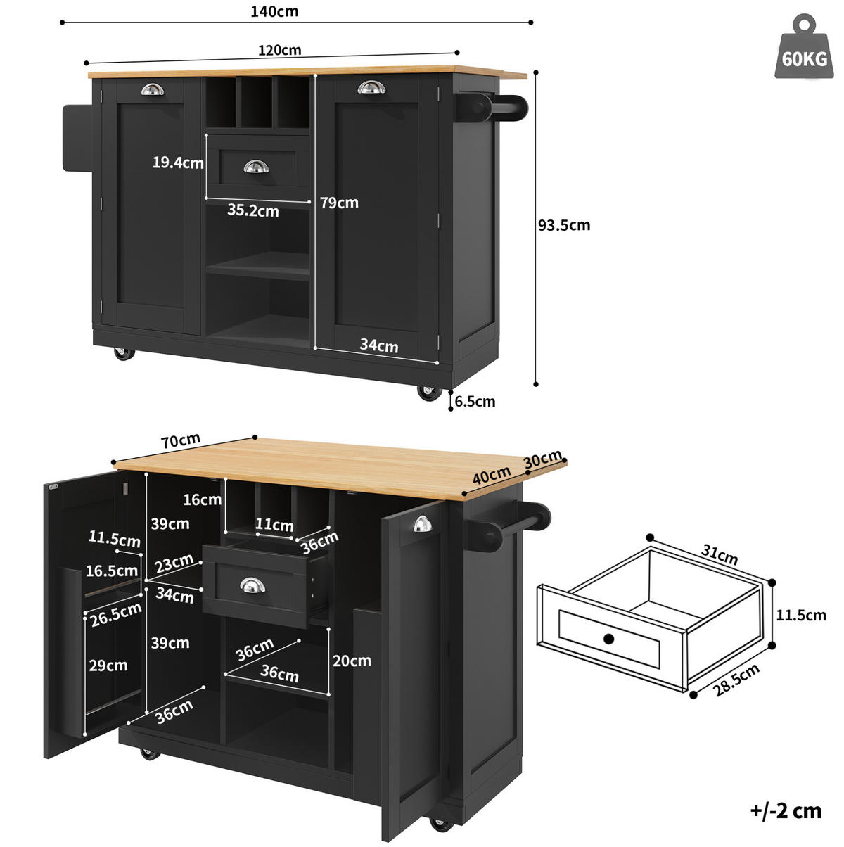 KÜCHENINSEL 140/93,5/40 cm Schwarz aus MDF und Metall mit klappbaren Seitenwänden - Schwarz, Holzwerkstoff (40/93.5/140cm) - OKMYHOME