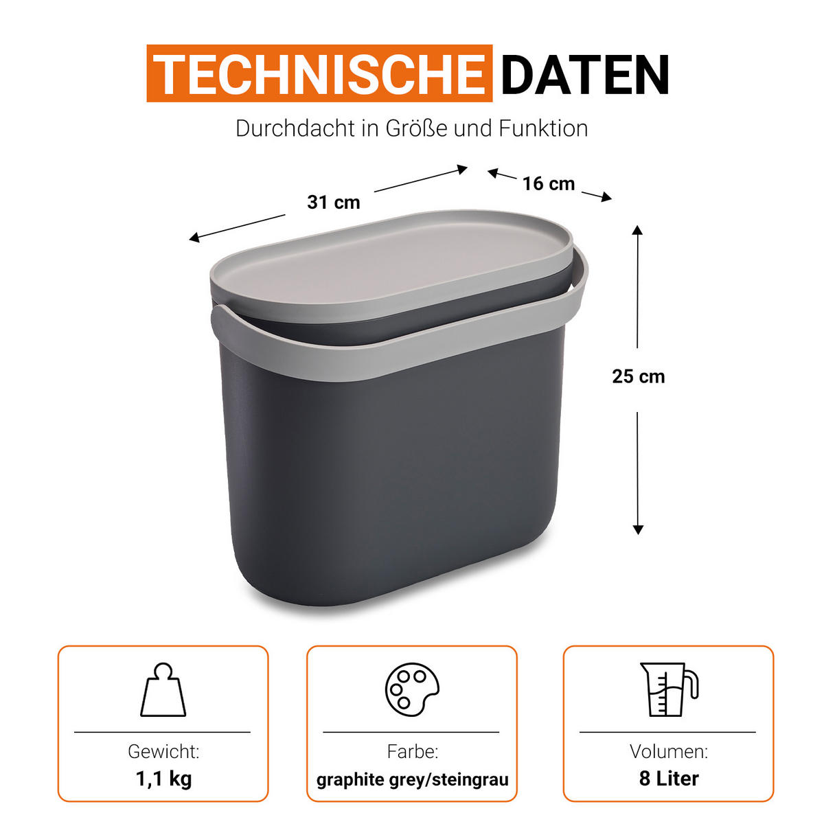 BIOMÜLLEIMER 8 L, graphite grey / steingrau - Hellgrau/Grau, Kunststoff (16/25/31cm) - GARANTIA