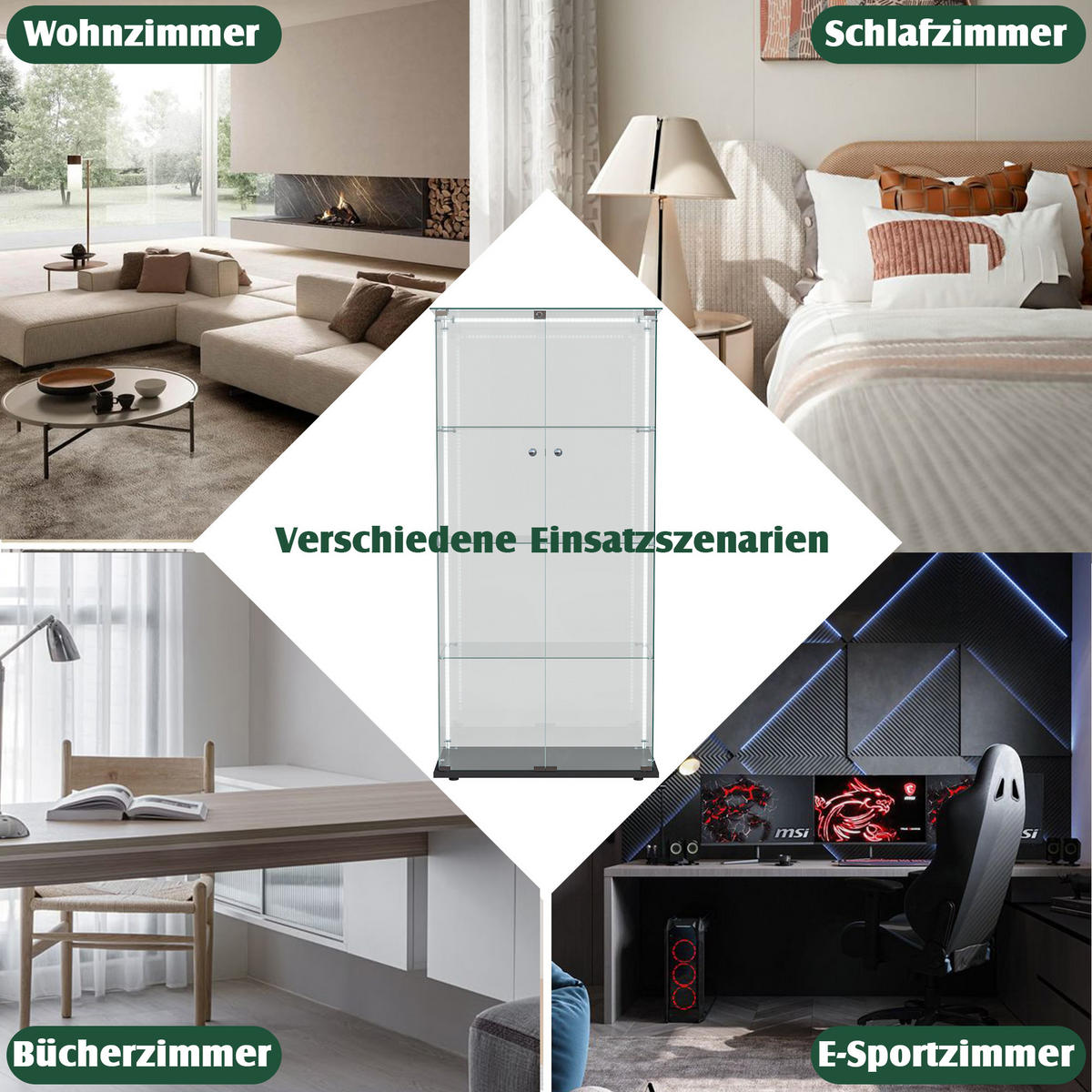 STANDVITRINE mit LED-Leisten, Schwarz, 4 Böden, Doppeltür abschließbar - Schwarz, Glas (35/163/78.5cm) - SHOPENTRA