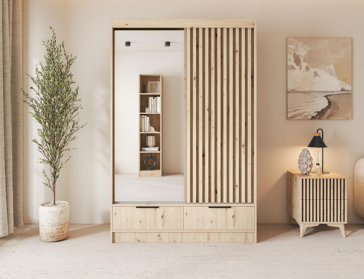 SCHIEBETÜRENSCHRANK - Schrank Yoga 120 mit Spiegel - Eiche Artisan - Schwarz/Eiche Artisan, Holzwerkstoff/Metall (120/204/60cm) - Möblo